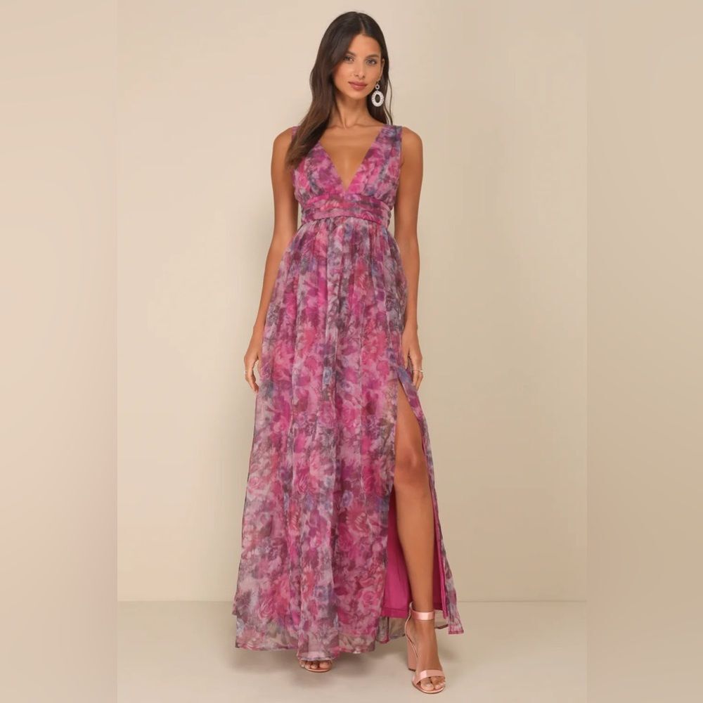 Lulus Garden Romance Magenta Floral Print Organza Maxi Dress XL